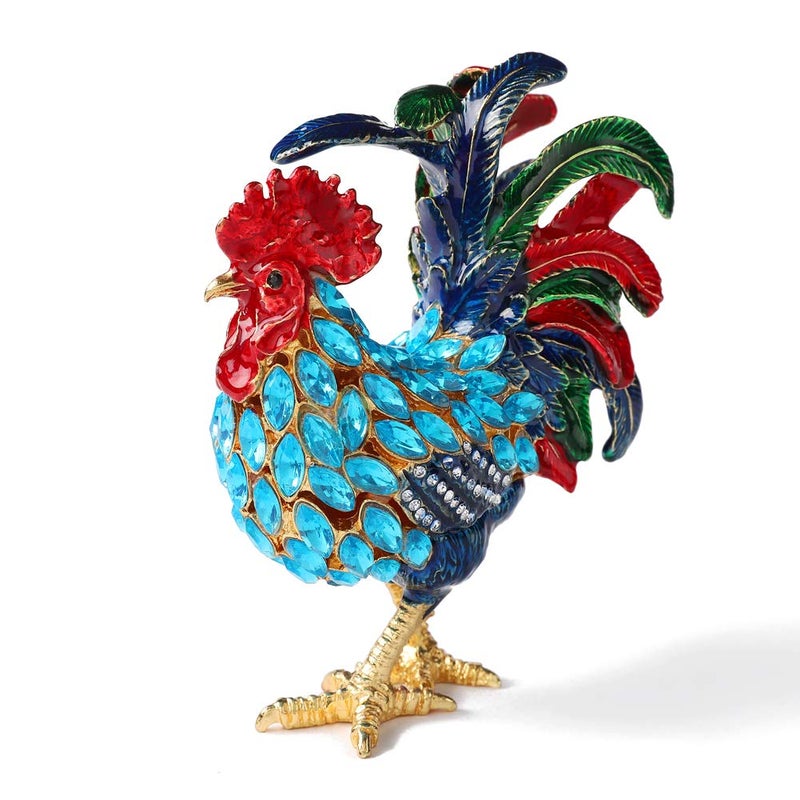 Furuida Rooster Trinket Boxes Hinged Enameled Jewelry Box Hand-Painted Animals Ornaments Craft Gift for Home Decor (Blue) - Image 1